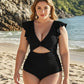 ⛱️Last Day 49% OFF👗Flattering Ruched Backless One-Piece Swimsuit with Elegant Ruffle Sleeves – Tummy Control & Confidence