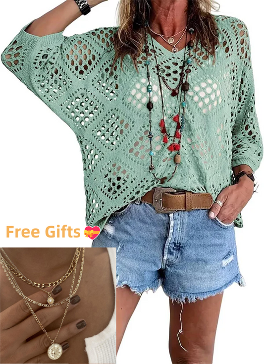 💥Hot Sales-50% OFF🔥Womens Bohemian-Inspired Beige Crochet Top with V-Neck