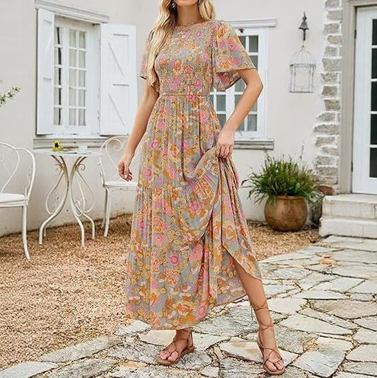 ⏰Hot Sale 49% Off👗 Women's 2026 Summer Casual Floral Print Short Flutter Sleeve Crew Neck Smocked High Waist Flowy Maxi Dress