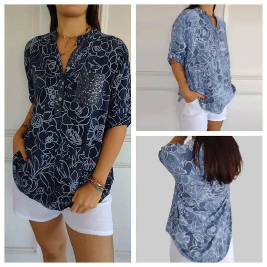 🥳2026 HOT SALE🥳💞50K+ SOLD!👵🌸 50% OFF! V-Neck Button-Down Printed Blouse🕊️✨