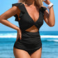 ⛱️Last Day 49% OFF👗Flattering Ruched Backless One-Piece Swimsuit with Elegant Ruffle Sleeves – Tummy Control & Confidence