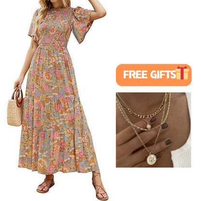 ⏳Limited-time 50% discount!!💞👗 Women's 2026 Summer Casual Floral Print Short Flutter Sleeve Crew Neck Smocked High Waist Flowy Maxi Dress