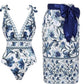 💥Last Day Special Sale 49% OFF🩱V Neck Lace Up Printed One Piece Swimsuit and Skirt