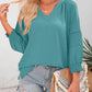 💥Last Day Special Sale 49% OFF👚Womens 3/4 Lantern Sleeve Casual V-Neck T-Shirts Pleated Loose Hollow-Out Blouse