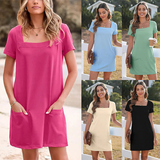 🎁Limited time 50% OFF⏳Women's Casual Square Neck Pocket Short Sleeve Dress with Pockets