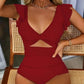 ⛱️Last Day 49% OFF👗Flattering Ruched Backless One-Piece Swimsuit with Elegant Ruffle Sleeves – Tummy Control & Confidence
