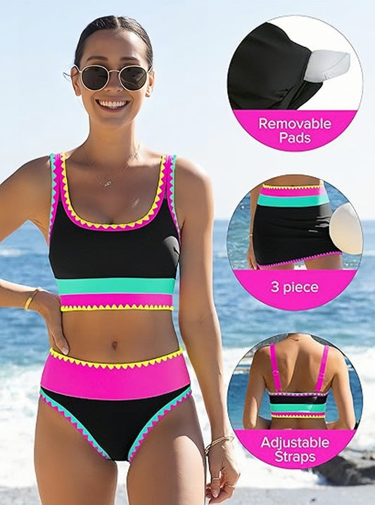 👙Last Day Sale 49% OFF💃Color Block Patchwork Sporty 3-Piece Bikini Set - High Waisted & Tummy Control Swimsuit👙🌈