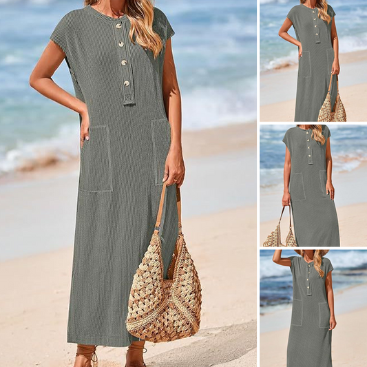 💜 LAST DAY PROMOTION - 50%OFF 💜Women's Ribbed Knit Henley Maxi Dress