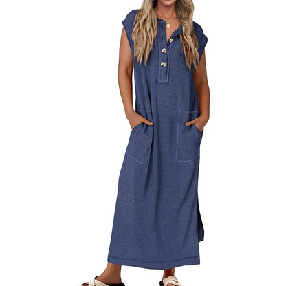 💜 LAST DAY PROMOTION - 50%OFF 💜Women's Ribbed Knit Henley Maxi Dress