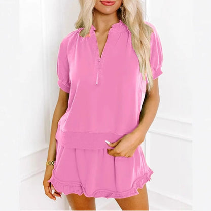 🔥LAST DAY SALE - 49% OFF🎁 Women's 2-Piece Outfits Zip T-Shirt & Frill Hem Shorts