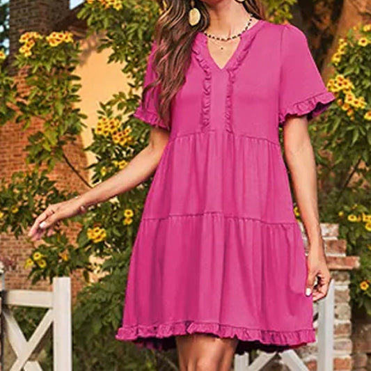 🔥2026 Summer New-🌈Women's Ruffle Trim V-Neck Tiered Dress