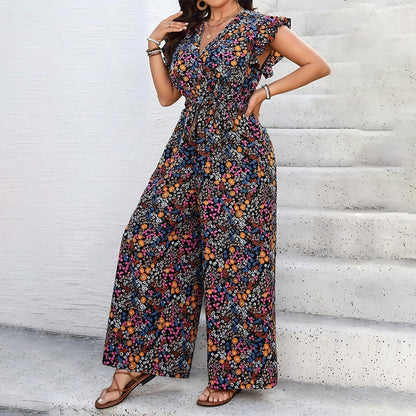 ⏰🎁Women’s Floral V-Neck Flutter-Sleeve Jumpsuit