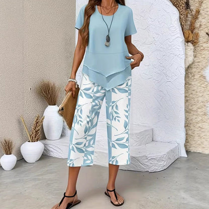 👗 LIMITED TIME: 50% OFF! 🔥Casual Round Neck Layered Tunic Top and Wide Leg Pants Set, Breathable Polyester ✨