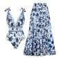 💥Last Day Special Sale 49% OFF🩱V Neck Lace Up Printed One Piece Swimsuit and Skirt